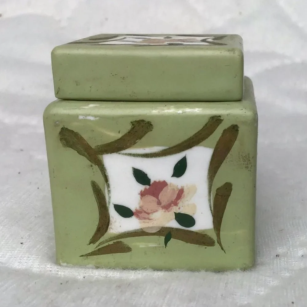 Vintage ELFINWARE Set Of 4 Hand-Painted Porcelain TRINKET BOXES Green With Rose